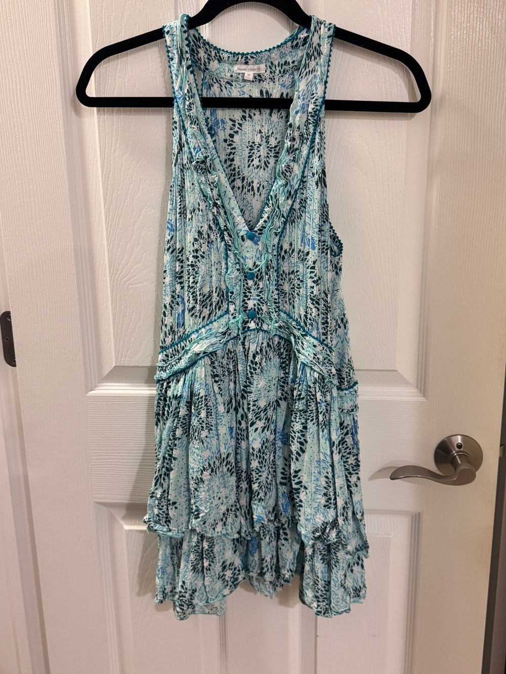 Poupette St. Barth Aqua and Teal Patterned Sleeveless V-Neck Mini Dress